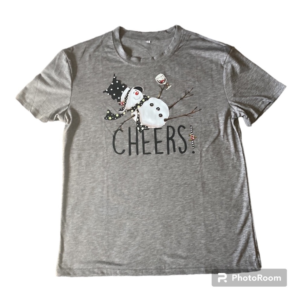 Christmas Snowman Cheers Print T-shirt Casual Short Sleeve Crew Neck Gray 8/10 - Picture 8 of 12